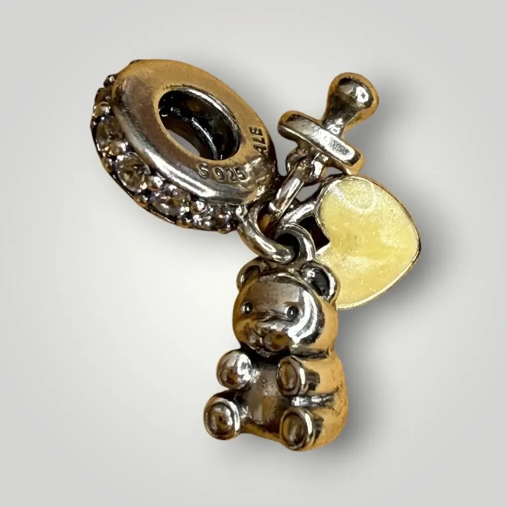 Pandora ALE 925 Sterling Silver Baby Teddy Bear Heart Dangle Charm